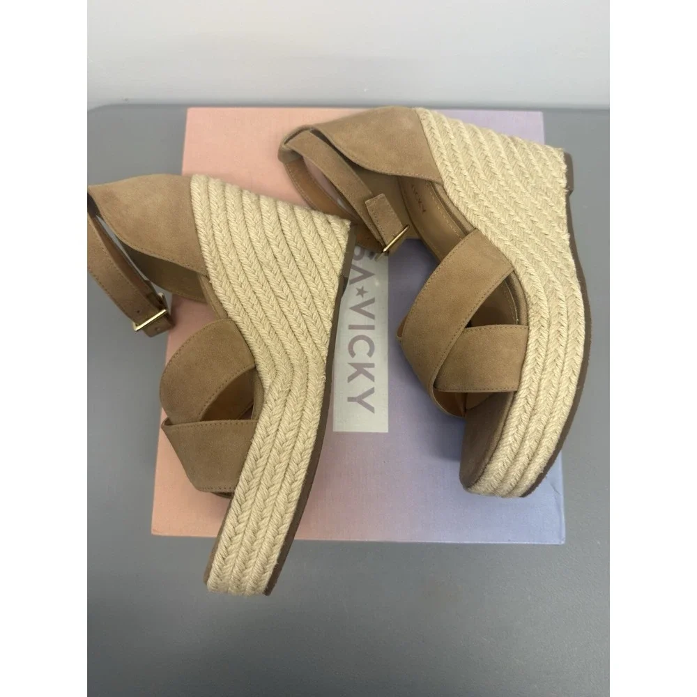 New Lisa Vicky Wedge Sandals Cognac Kid‎ Suede 8.5 M Cross-Strap Espadrille Heel